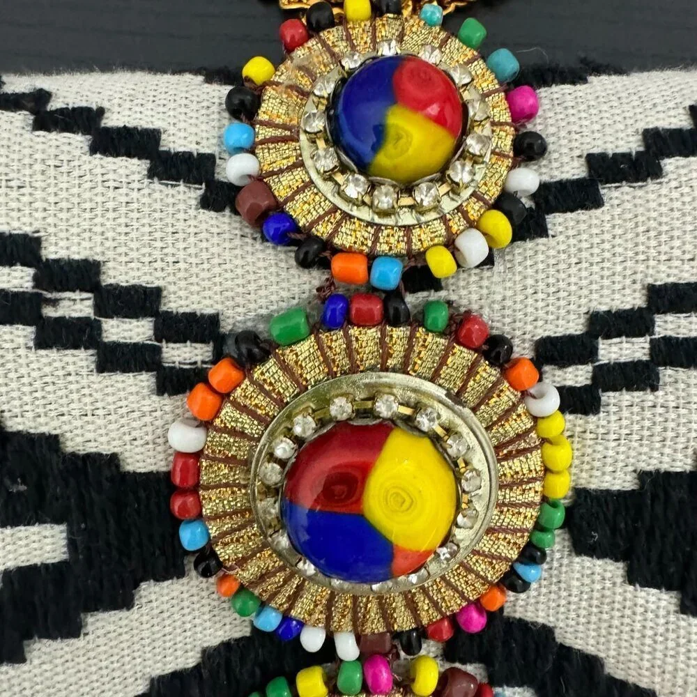Tribal Patterned Clutch Purse With Colorful Beaded Embellishment & Gold Chain St